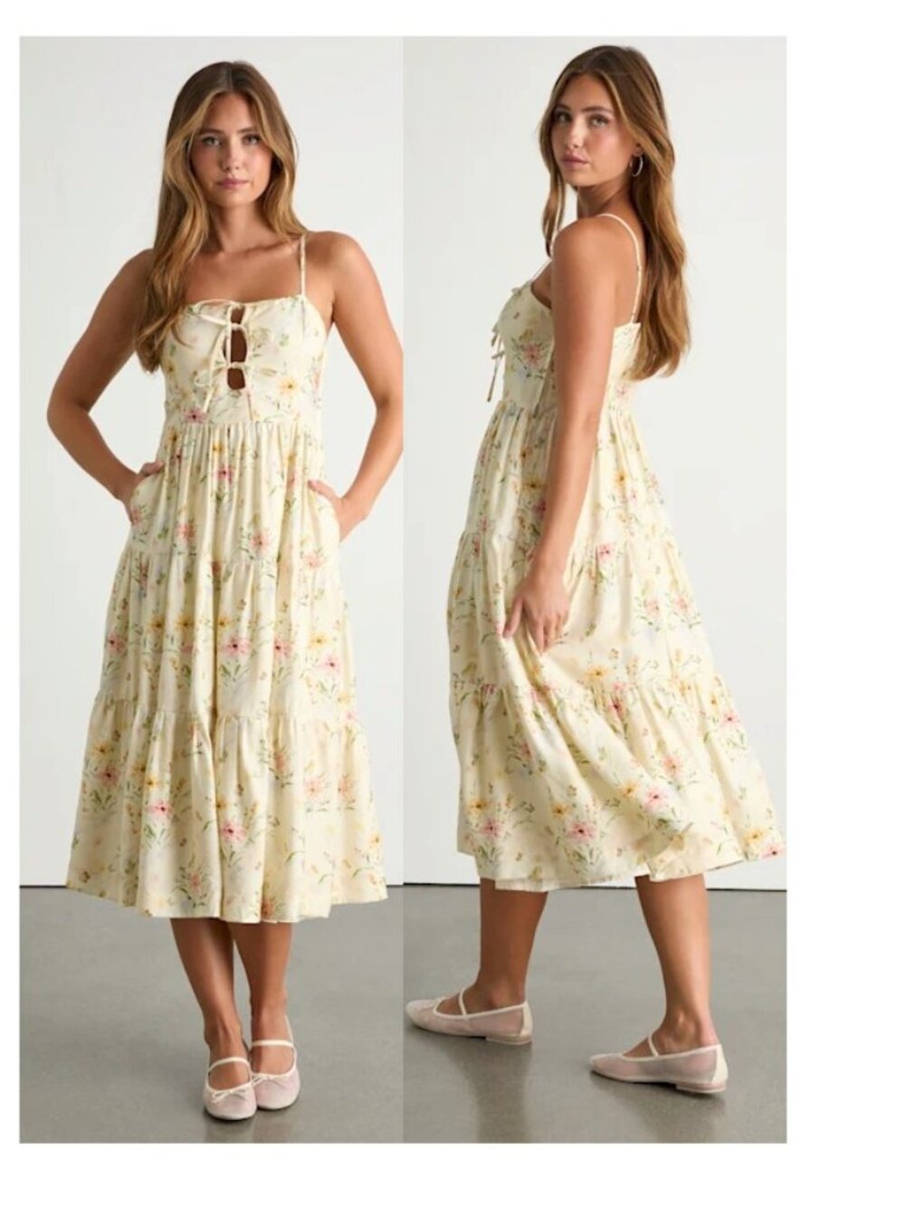 Lulus Nattie Pale Yellow Floral Tie-Front Tiered Midi Dress Size XS New